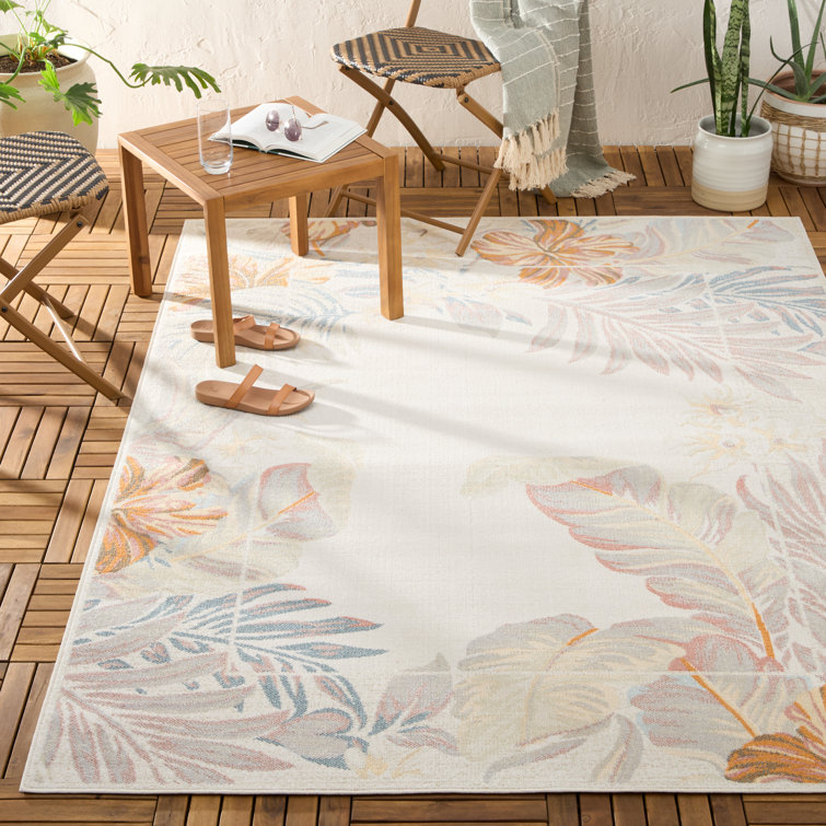 Ivory Blue Coral Tropical Border Rectangular Synthetic Rug