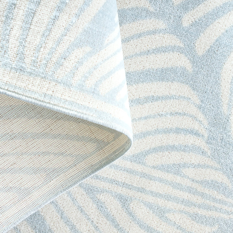 Lanai Blue and Ivory Synthetic Palm Leaves Rectangular Rug