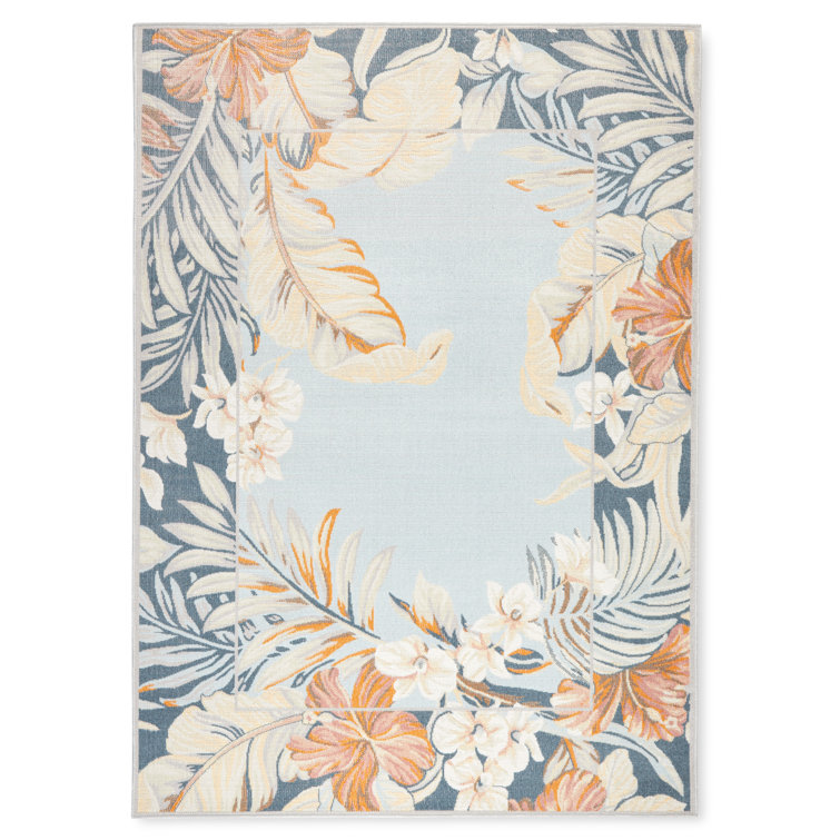 Bimini Blooming Border Blue/Grey/Coral Rectangular Synthetic Area Rug