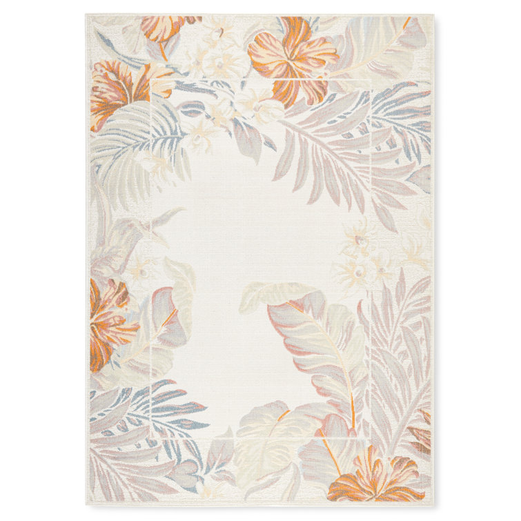 Ivory and Coral Tropical Floral Rectangular Synthetic Rug