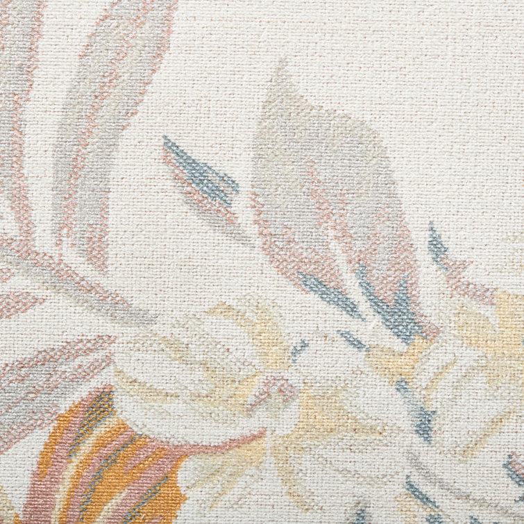 Ivory and Coral Tropical Floral Rectangular Synthetic Rug