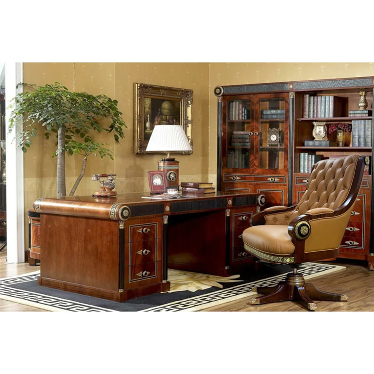 Walnut and Leather Tufted Swivel Executive Chair