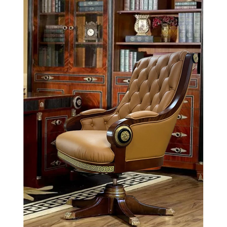 Walnut and Leather Tufted Swivel Executive Chair
