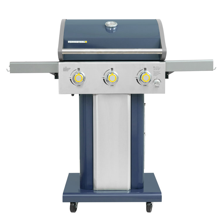 Azure Blue Compact 3-Burner Propane Gas Grill with Foldable Side Tables