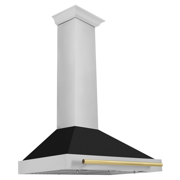 36'' Stainless Steel and Black Matte Convertible Range Hood with Gold Handle