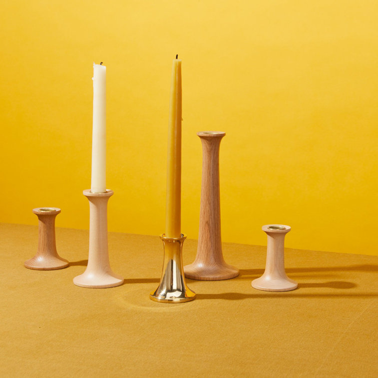 Small Maple Wood Tabletop Candlestick with Gold Finish