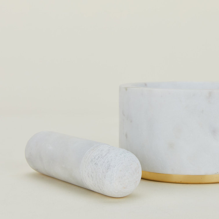 White Marble and Brass Mortar and Pestle Set