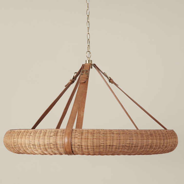 Natural Rattan and Brass Halo Chandelier with Leather Straps