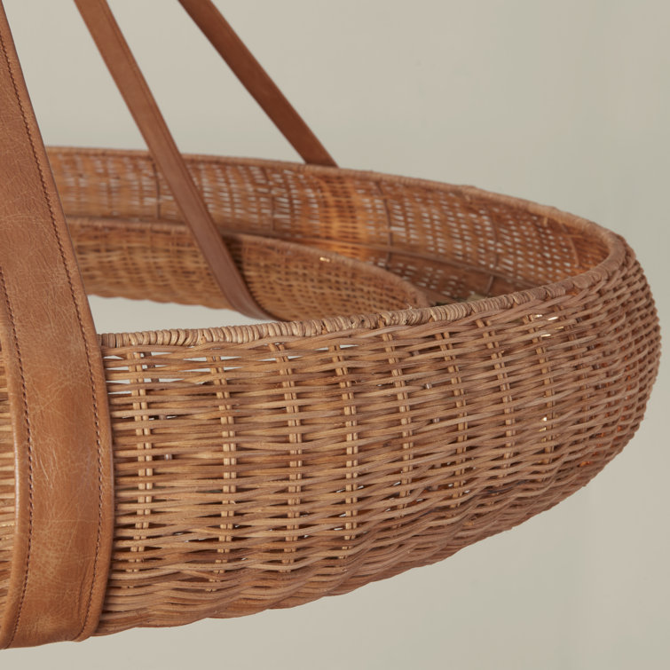 Natural Rattan and Brass Halo Chandelier with Leather Straps