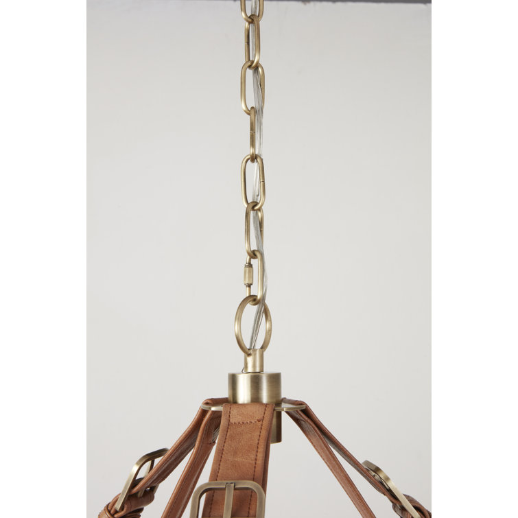 Natural Rattan and Brass Halo Chandelier with Leather Straps