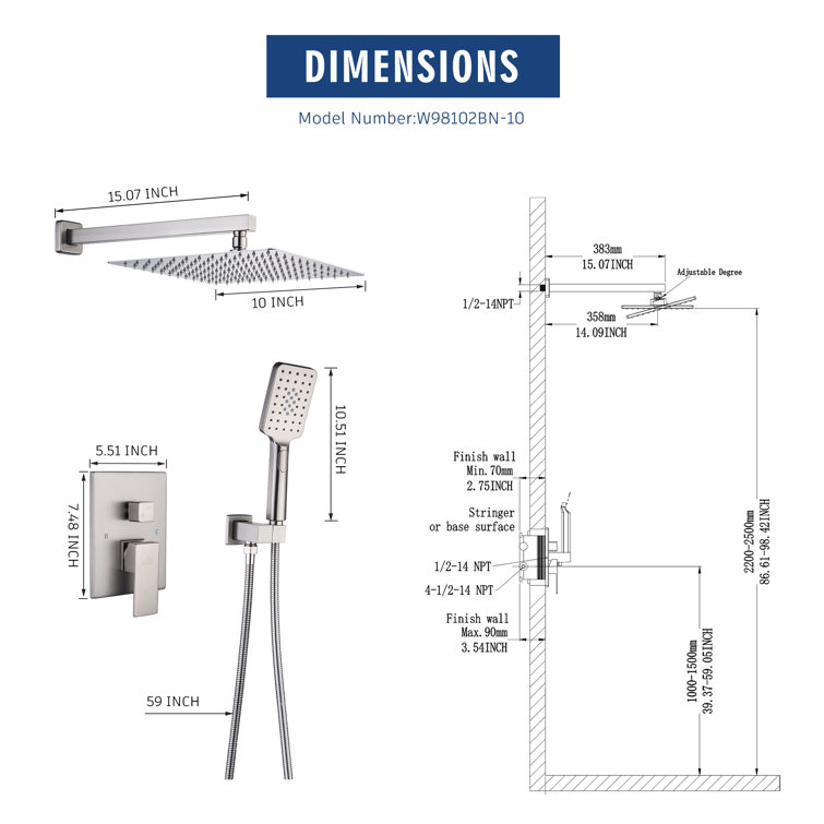 Brushed Nickel Wall Mounted Multi-head Shower System with Handheld and Rain Shower