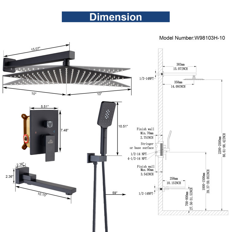 Matte Black Wall Mount Rainfall Shower System with Handheld Spray