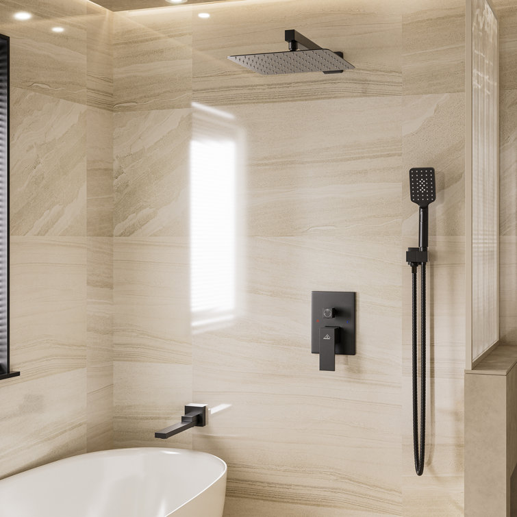Matte Black Wall Mount Rainfall Shower System with Handheld Spray