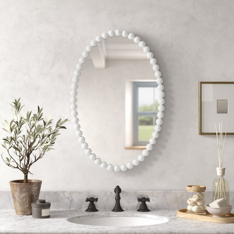White Beaded Oval Metal Wall Mirror