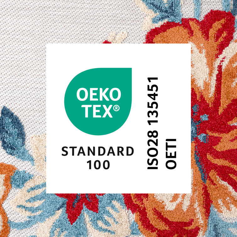Hibiscus Bloom Border Grey Red Blue Floral Rectangular Rug