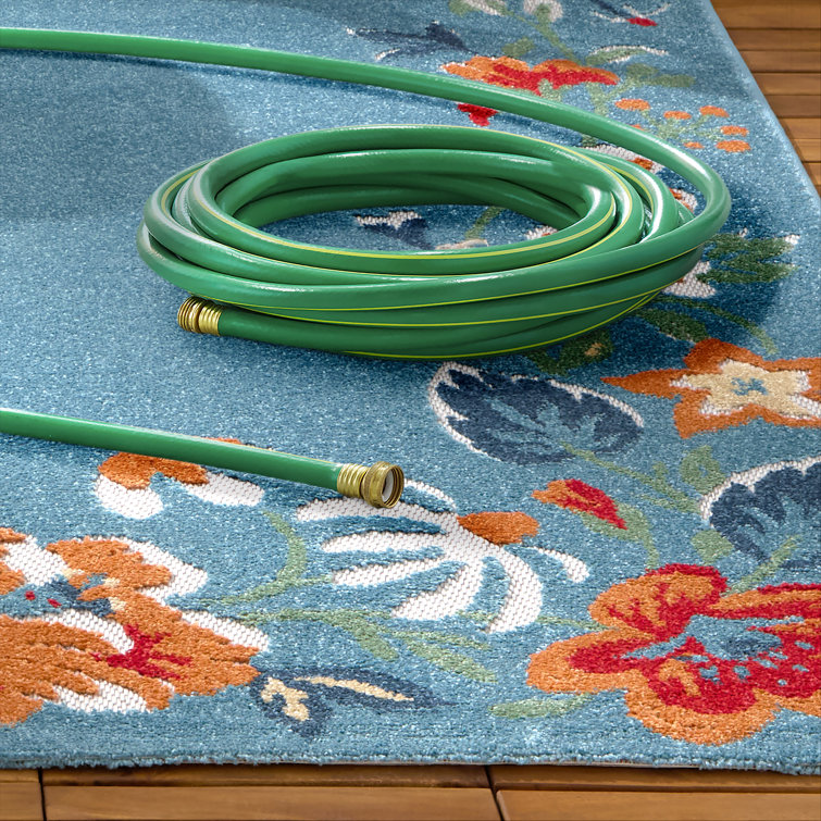 Hibiscus Bloom Light Blue Red Floral Indoor Outdoor Rug