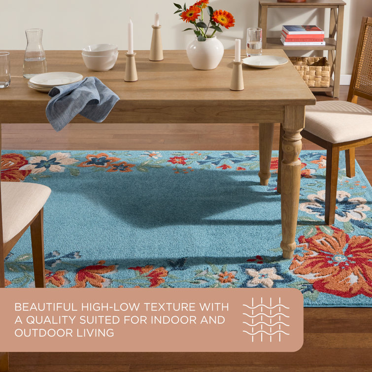 Hibiscus Bloom Light Blue Red Floral Indoor Outdoor Rug