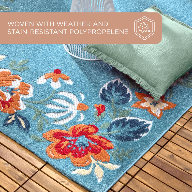 Hibiscus Bloom Light Blue Red Floral Indoor Outdoor Rug