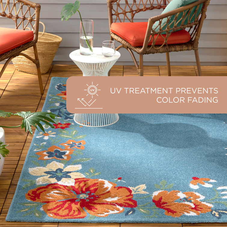 Hibiscus Bloom Light Blue Red Floral Indoor Outdoor Rug