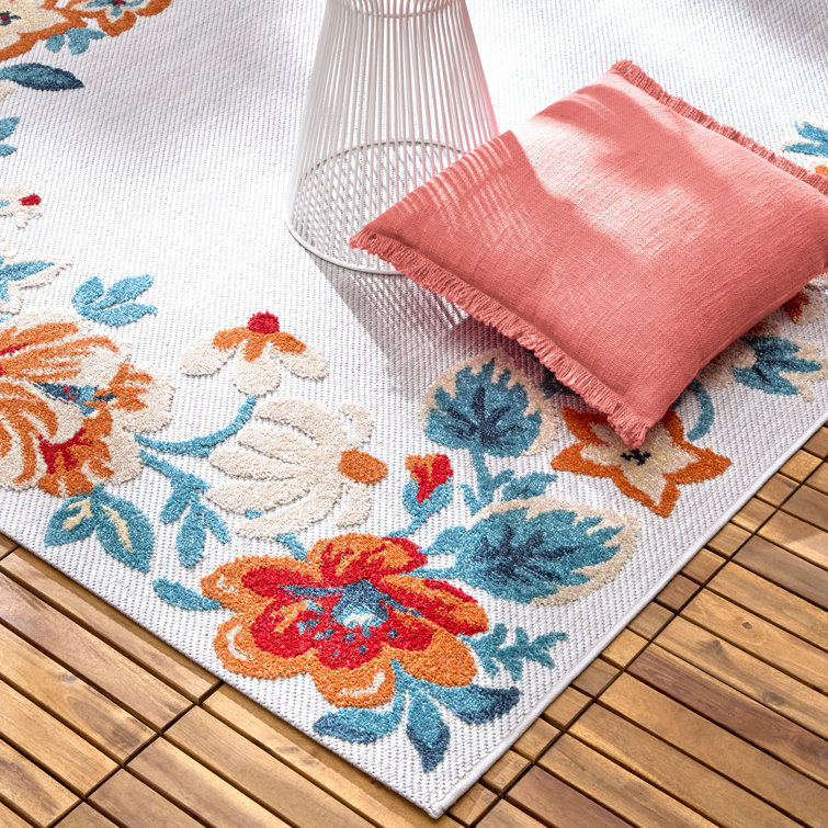 Hibiscus Bloom Grey/Red/Blue Floral Synthetic Rectangular Area Rug