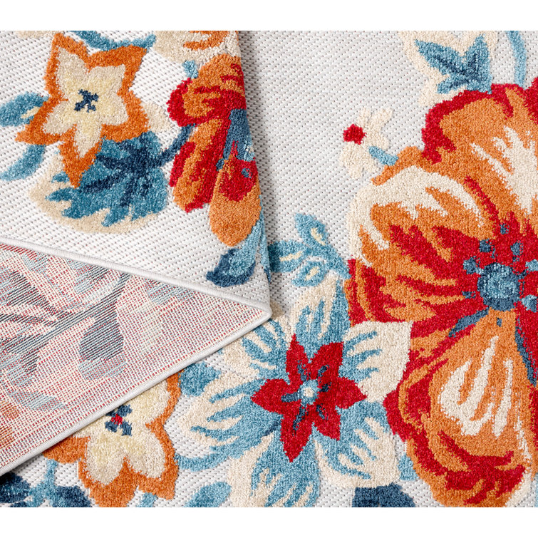 Hibiscus Bloom Grey/Red/Blue Floral Synthetic Rectangular Area Rug