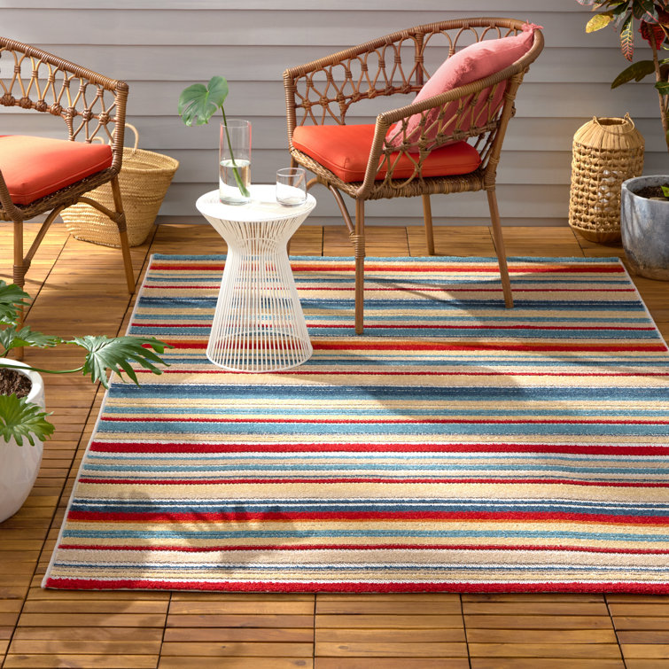 Rio Red and Multicolor Stripe Synthetic Indoor/Outdoor Rug