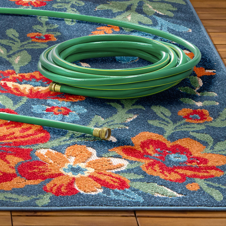 Hibiscus Bloom Blue Red Beige Floral Indoor Outdoor Area Rug
