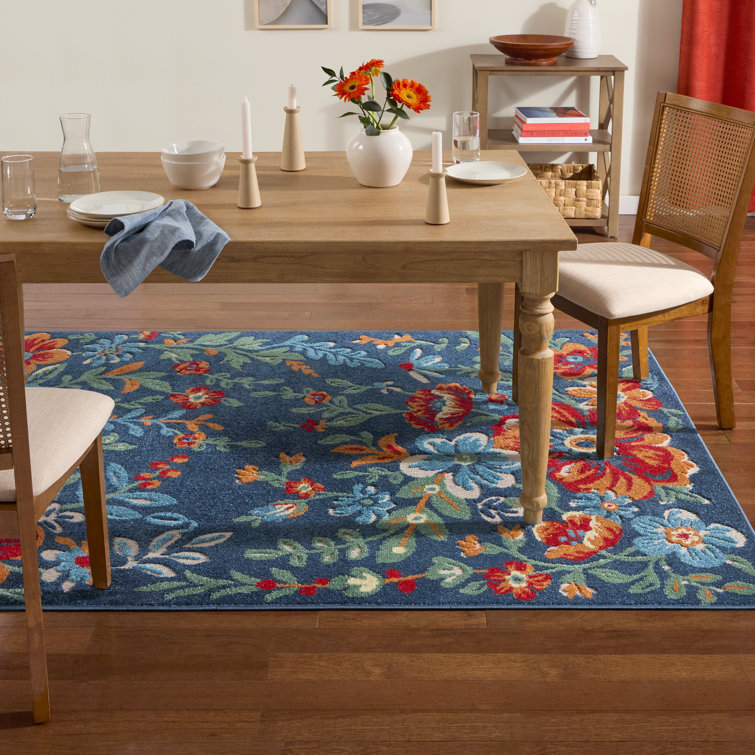 Hibiscus Bloom Blue Red Beige Floral Indoor Outdoor Area Rug