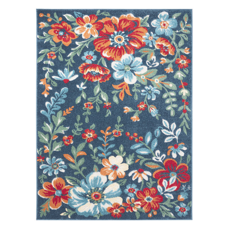 Hibiscus Bloom Blue Red Beige Floral Indoor Outdoor Area Rug