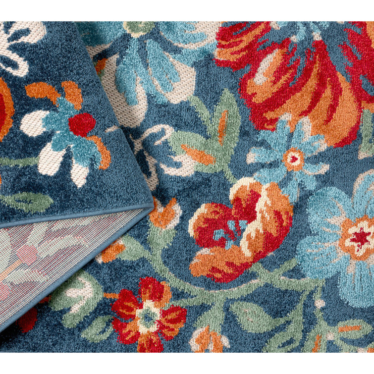Hibiscus Bloom Blue Red Beige Floral Indoor Outdoor Area Rug
