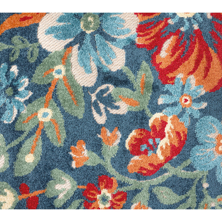 Hibiscus Bloom Blue Red Beige Floral Indoor Outdoor Area Rug