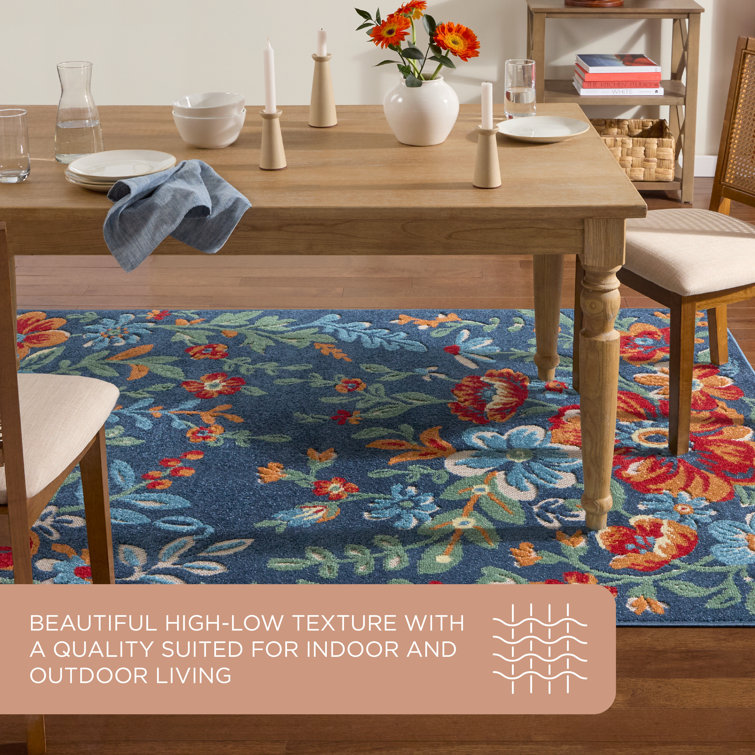 Hibiscus Bloom Blue and Red Floral Synthetic Area Rug
