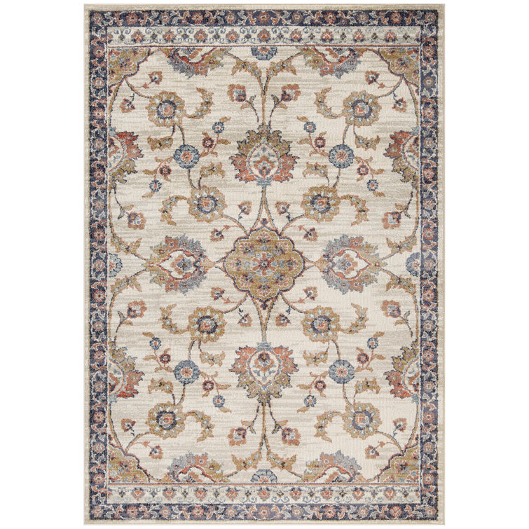 Ivory and Multicolor Synthetic Floral Accent Rug with Trim Embellishment