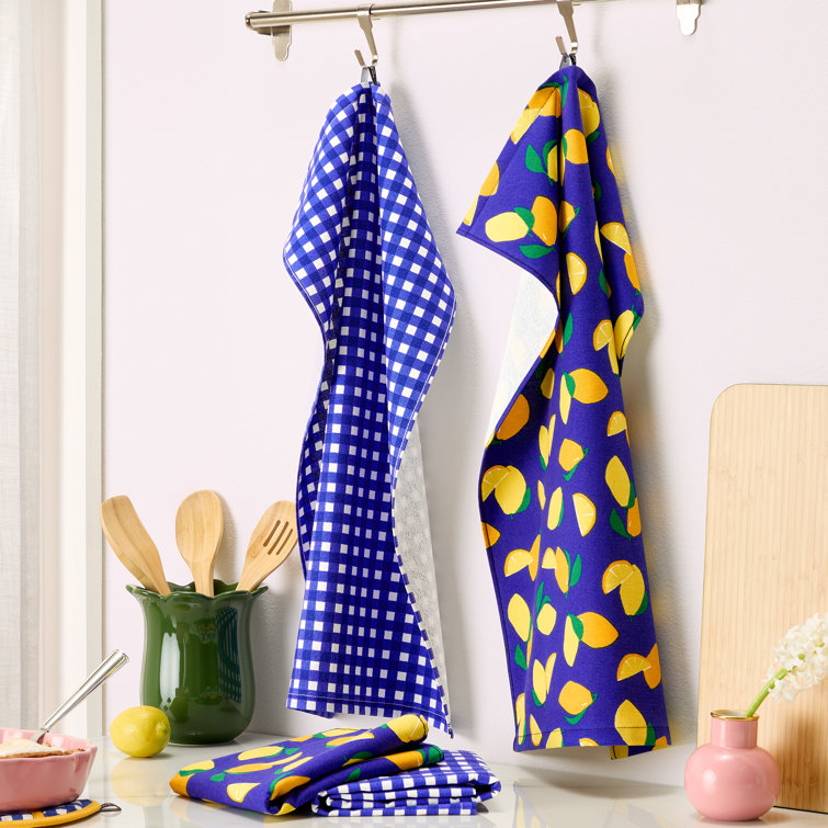 Navy Blue and Yellow Cotton Kitchen Towel Set of Four