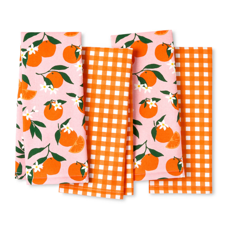 Summer Orange and Gingham Cotton Kitchen Towel Set