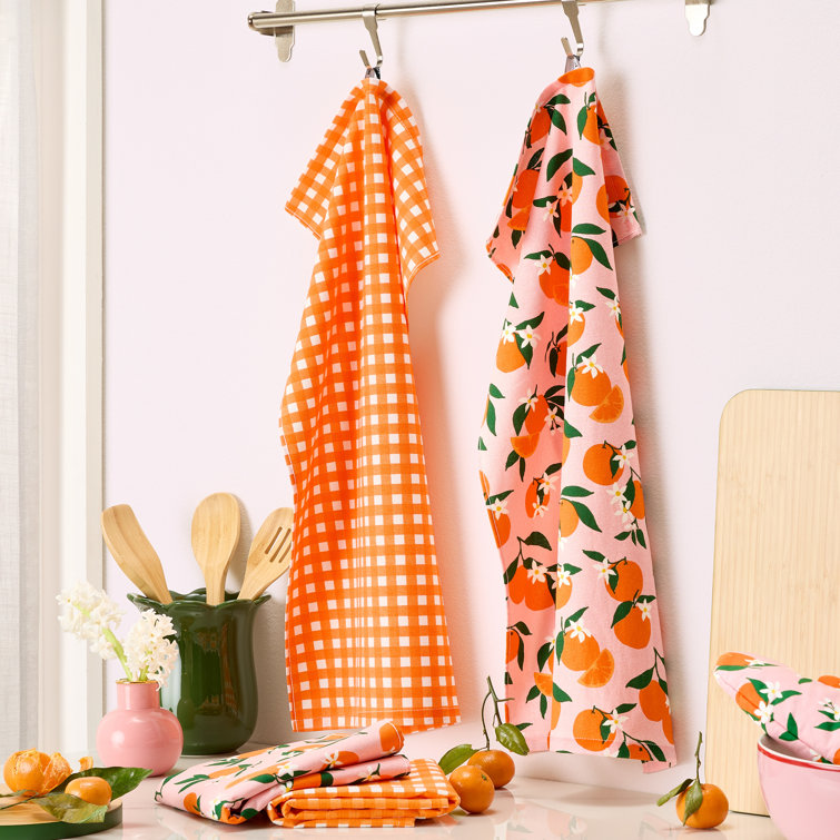 Summer Orange and Gingham Cotton Kitchen Towel Set
