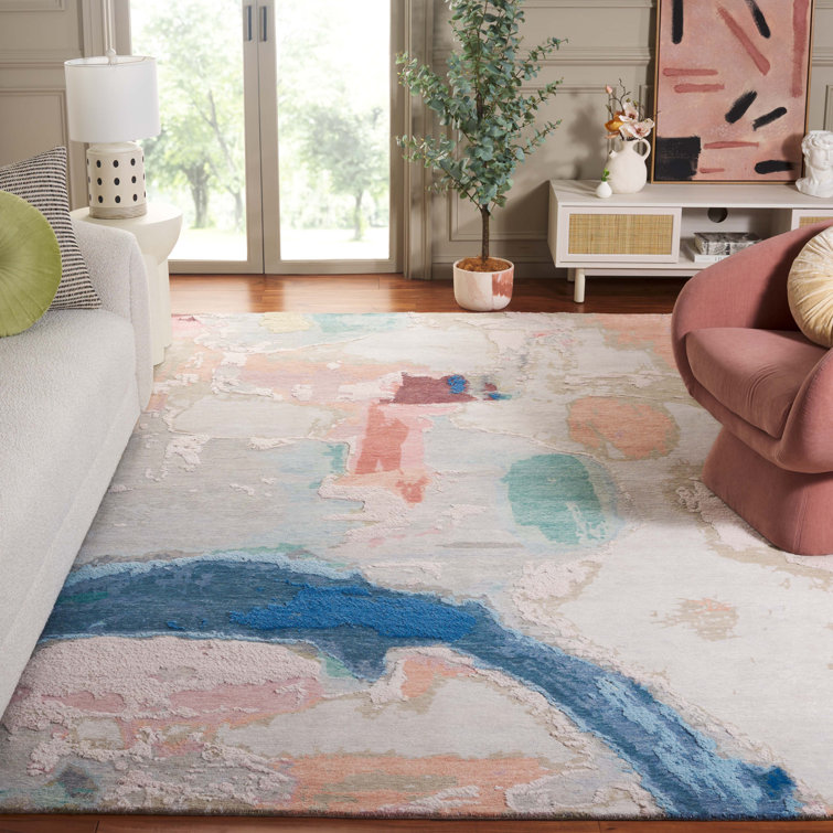 Handmade Blue and Blush Wool Abstract 6' x 9' Area Rug