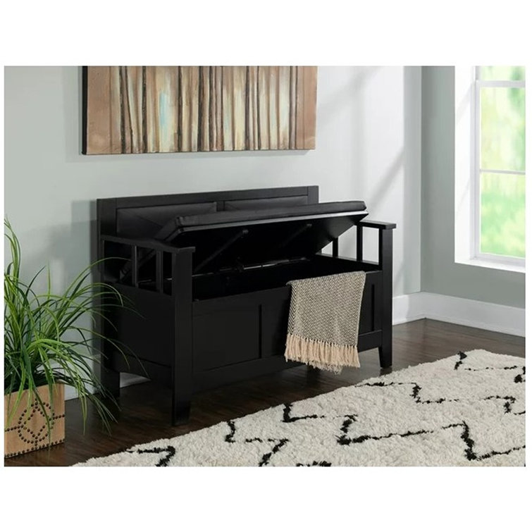 Carlton 44.5'' Black Faux Leather & Ash Wood Storage Bench