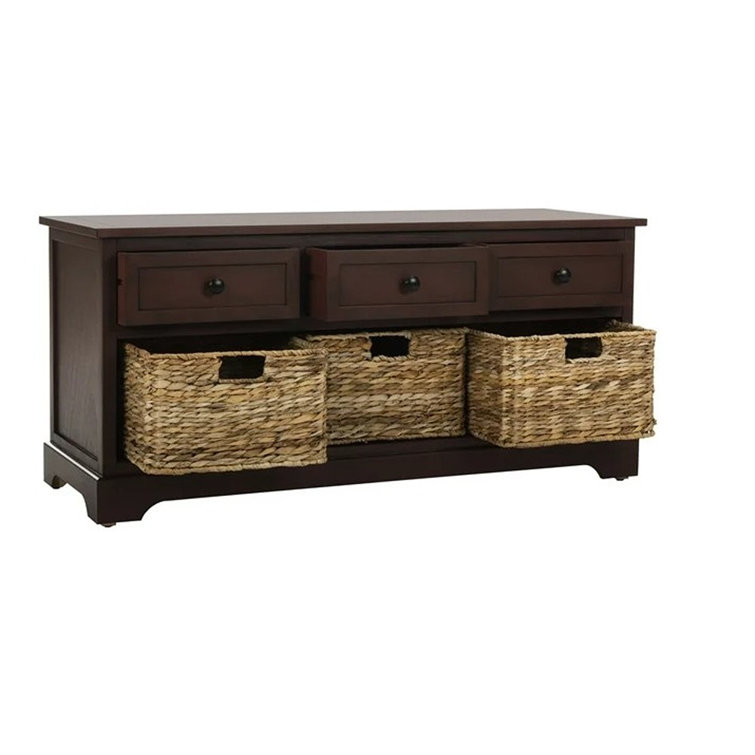 Transitional Red Pine Storage Bench with Wicker Baskets