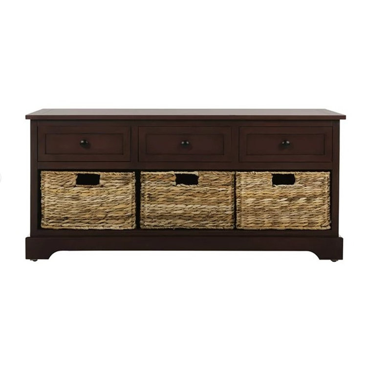 Transitional Red Pine Storage Bench with Wicker Baskets