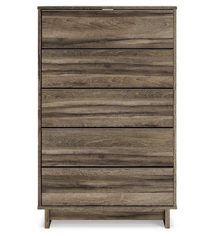 Transitional Weathered Brown 5-Drawer Chest with Champagne Handles