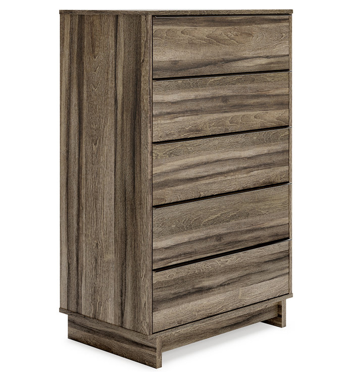 Transitional Weathered Brown 5-Drawer Chest with Champagne Handles