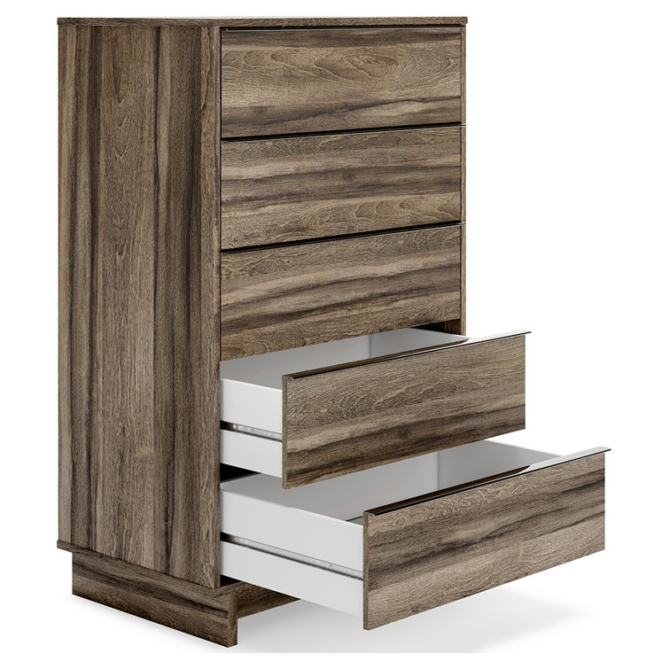 Transitional Weathered Brown 5-Drawer Chest with Champagne Handles
