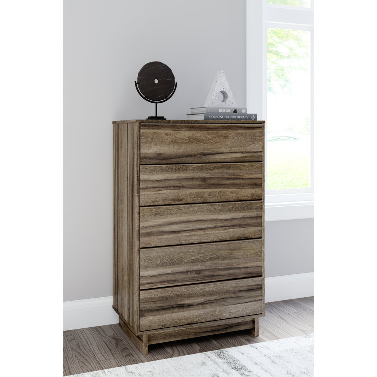 Transitional Weathered Brown 5-Drawer Chest with Champagne Handles
