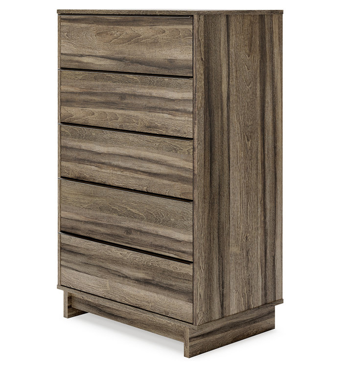 Transitional Weathered Brown 5-Drawer Chest with Champagne Handles