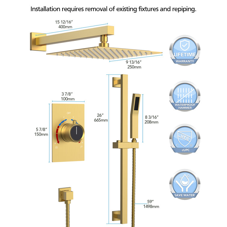 Brushed Gold 10" Rainfall Shower System with Handheld