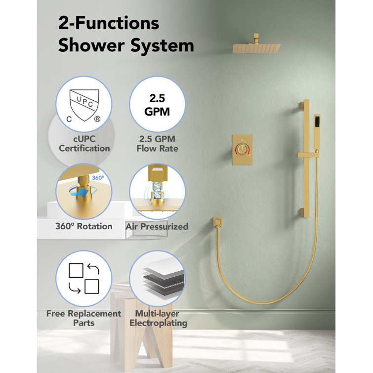 Brushed Gold 10" Rainfall Shower System with Handheld