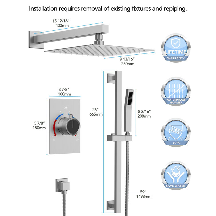 10" Brushed Nickel Adjustable Rainfall Shower System with Handheld