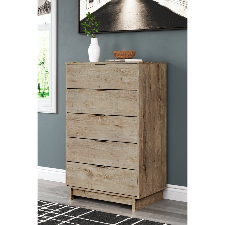 Oliah Natural Oak Grain 5-Drawer Tall Chest in Light Brown