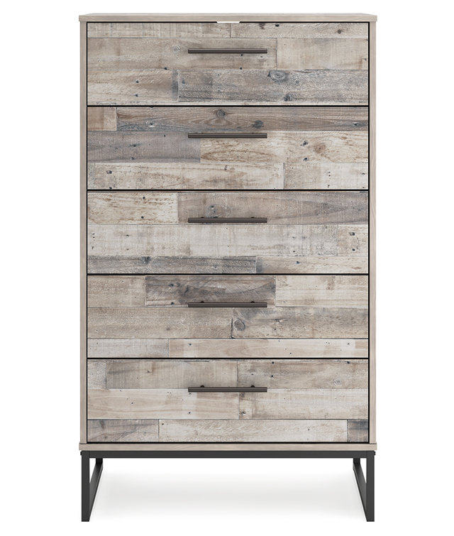 Transitional Whitewash Pine 5-Drawer Chest with Pewter-Tone Pulls
